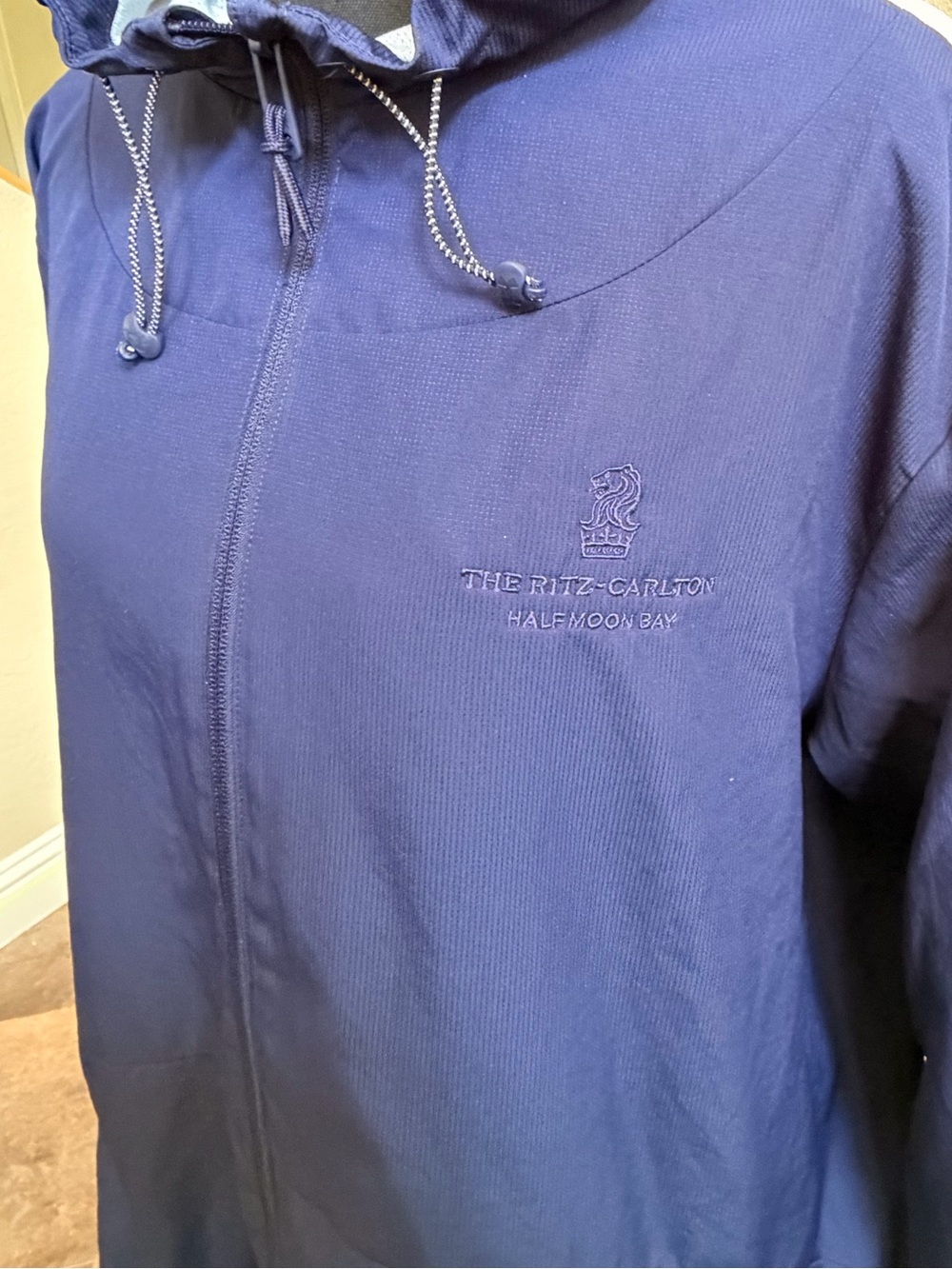 Navy Blue Hooded Zip Jacket with White Sleeve Stripe